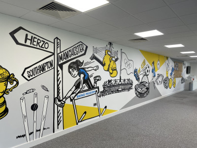 Hand painted mural with sporting characters
