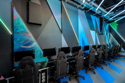 Detailling on the hand painted murals and flooring at the new E-Sports Arena at St Mary's University in Twickenham